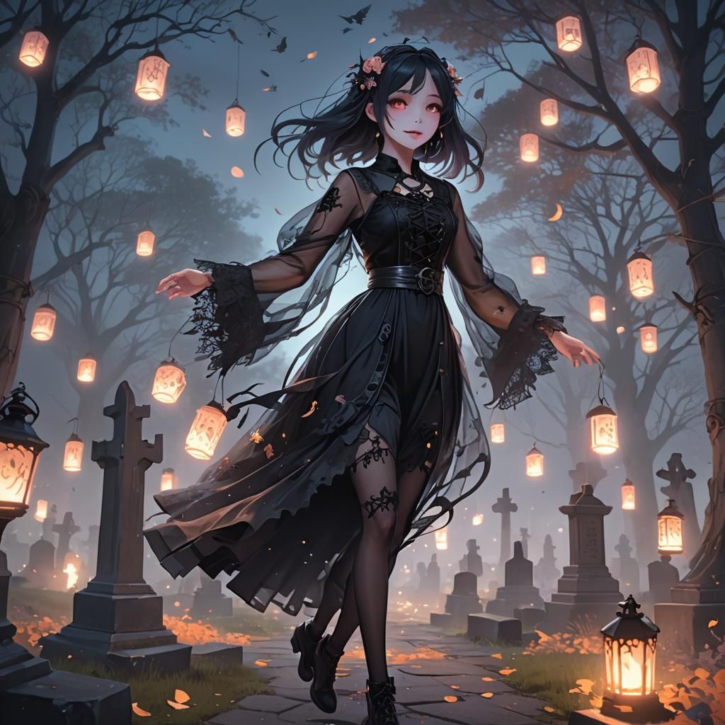 Happy Goth Girl Dances in Graveyard: Anime Concept Art