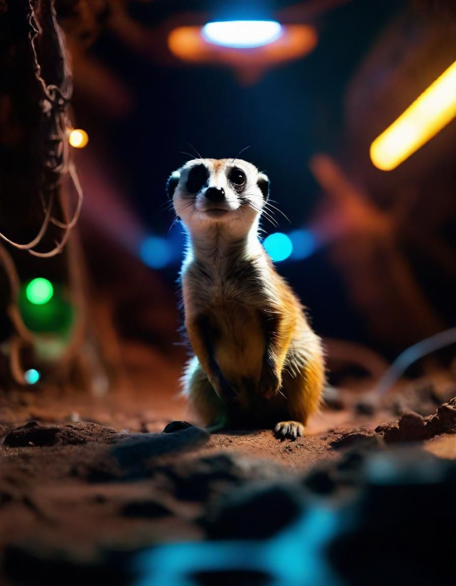 Surreal Meerkat Retreats in Neon-Lit Space Shipwreck