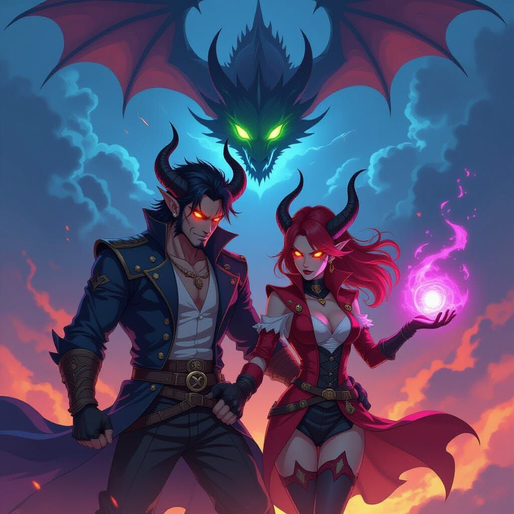 Anime Tieflings Fight Dragon Under Stormy Sky