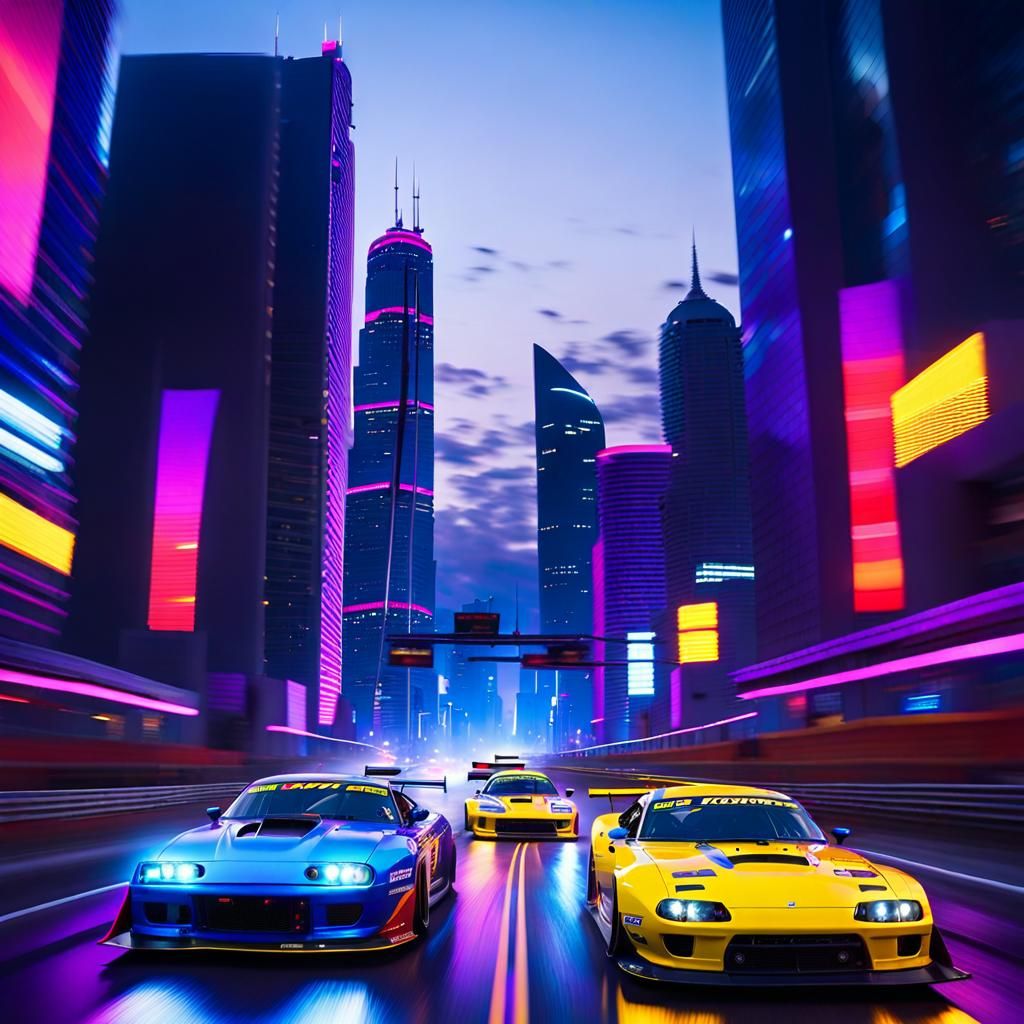 Midnight Velocity: Blue and Yellow Racecars Ignite the Citys...