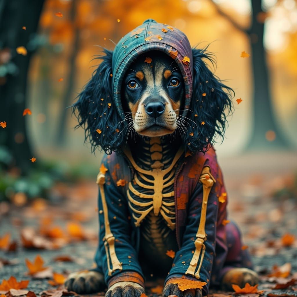 Halloween Spaniel Puppy in Skeleton Costume