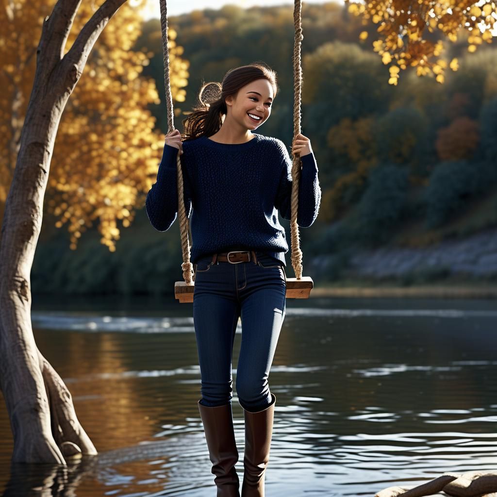 Brunette on Rope Swing Over River: 3D Photorealistic Image