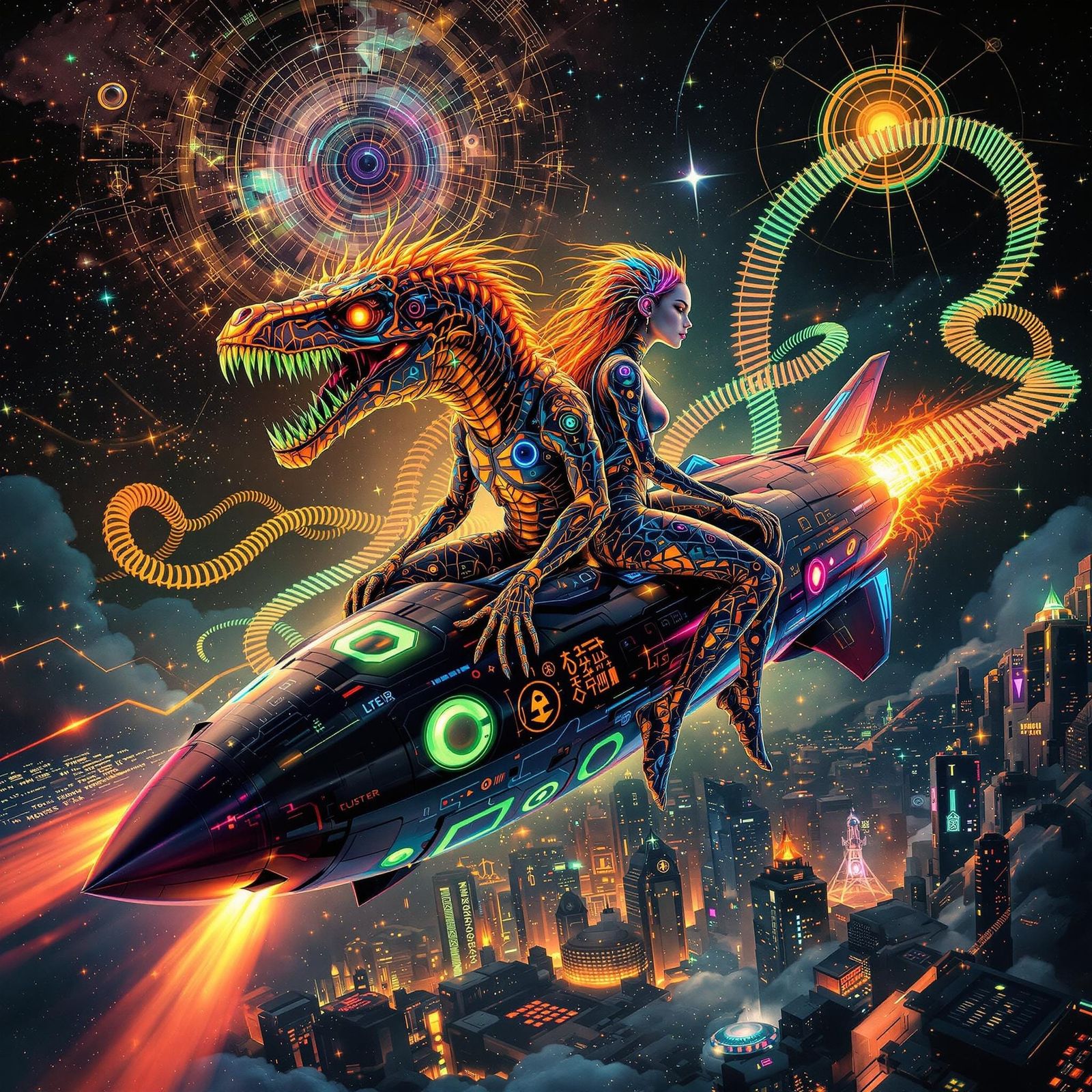 Futuristic Humanoid-Spinosaurus Hybrids in Cyberpunk Metropo...