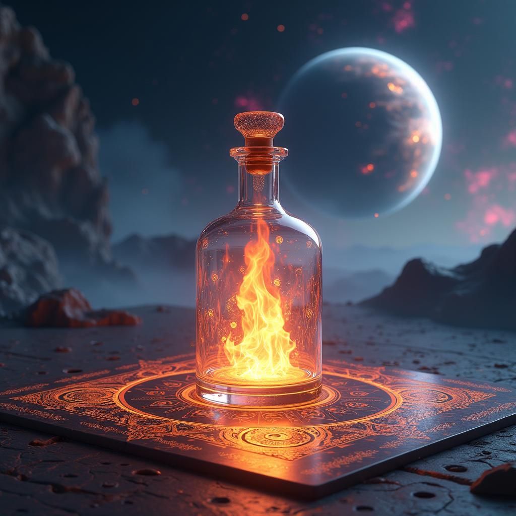 Glowing Flame in Glass Bottle on Holographic Game