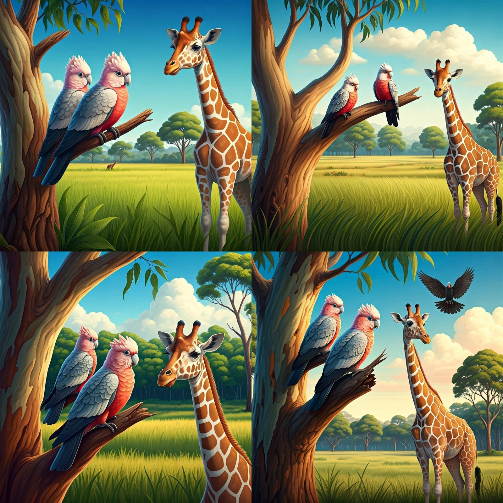 Friendly Galahs and Giraffe in Australian Storybook Landscap...