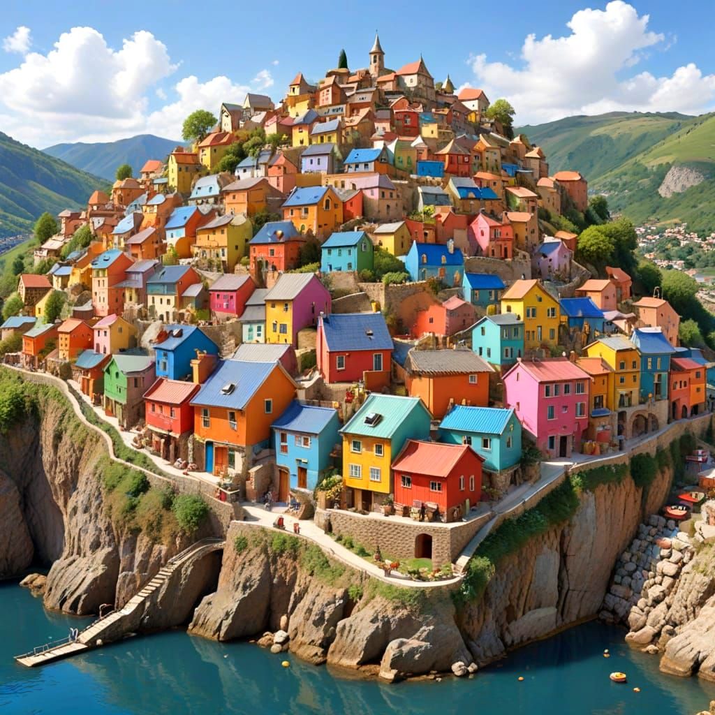 Colorful Terraced Village in Cooked Pencil Style