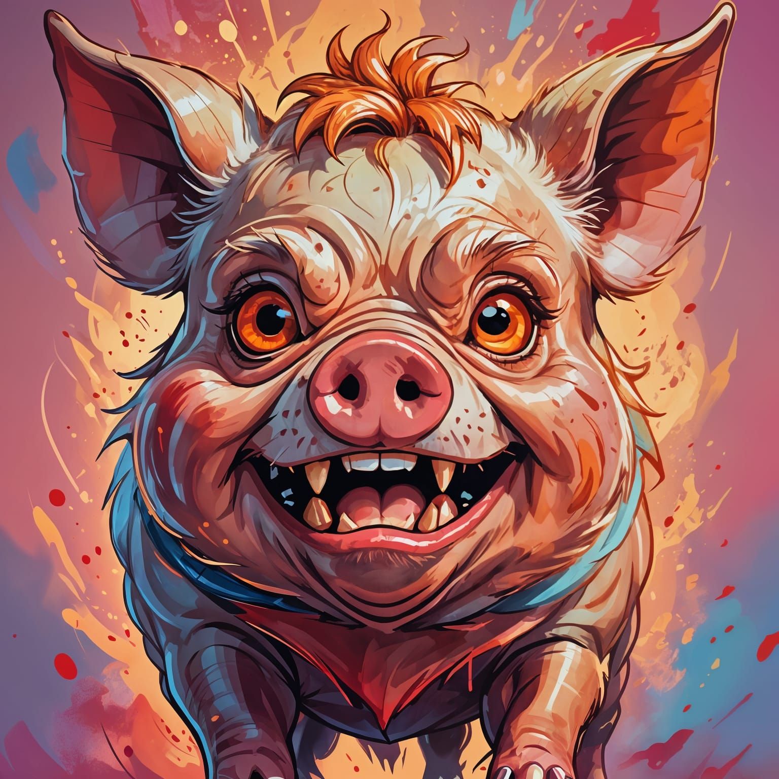 Angry Cartoon Piggy with Evil Smile