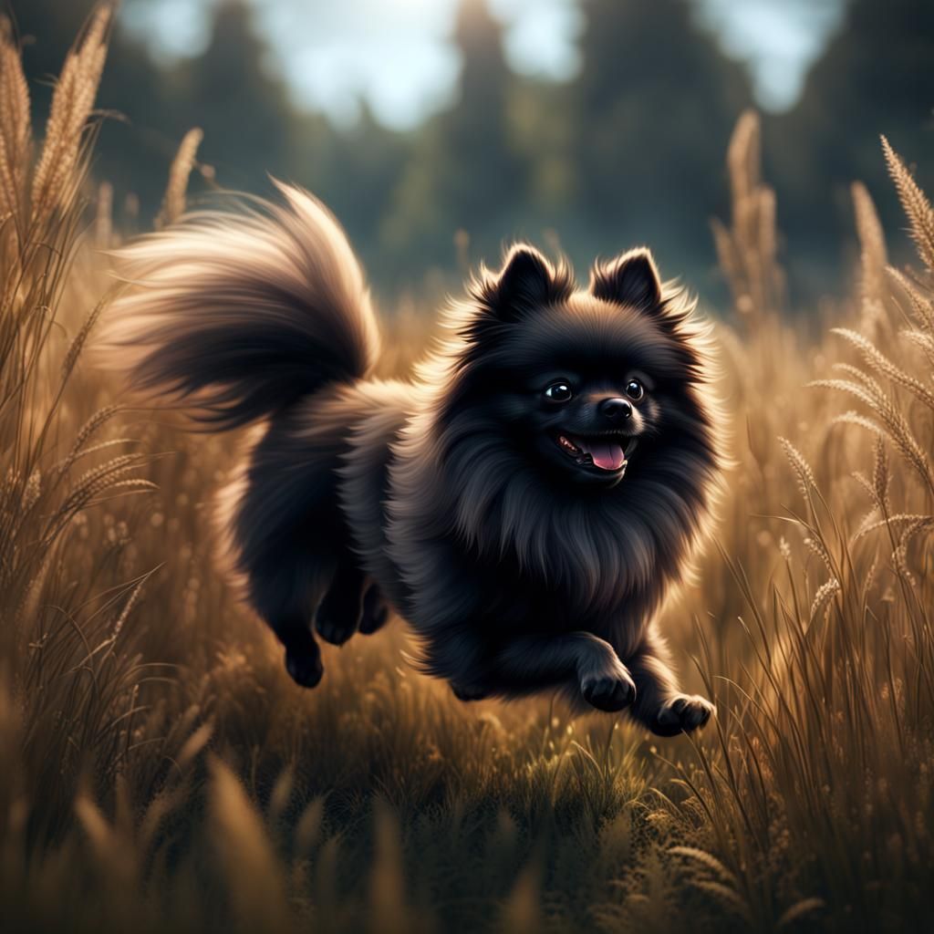 Pomeranian Running in Grass: Detailed Digital Art