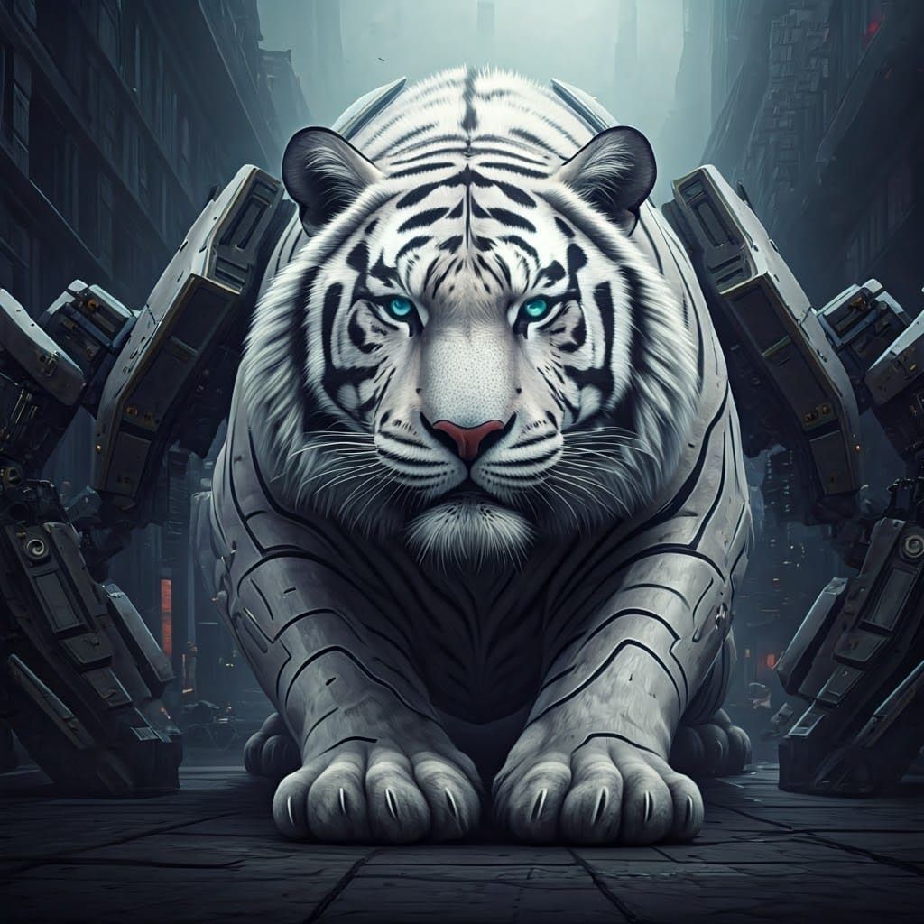 Metallic Tiger in Cyberpunk Cityscape, 8K Render