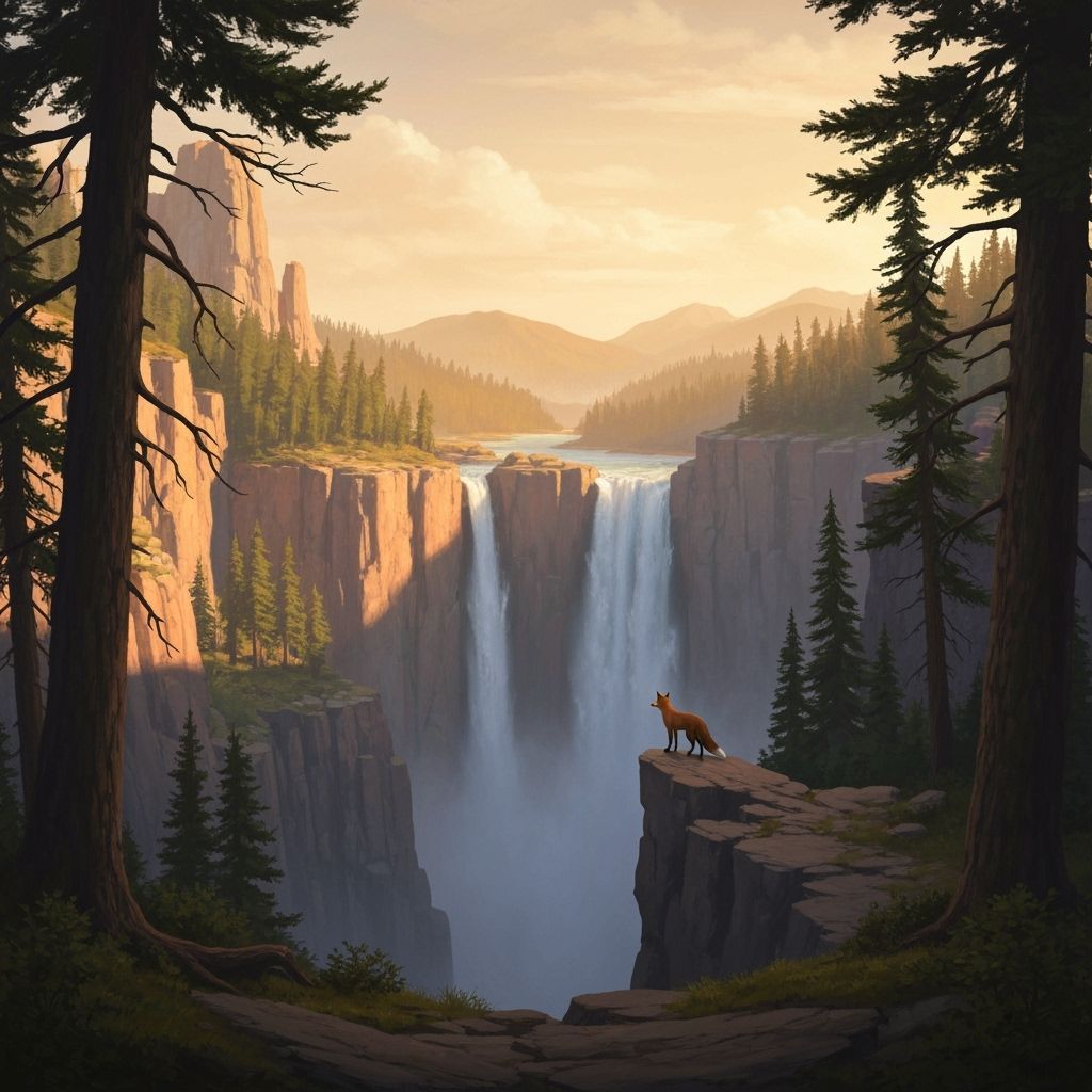 Fox Gazes at Wilderness by Golden Waterfall