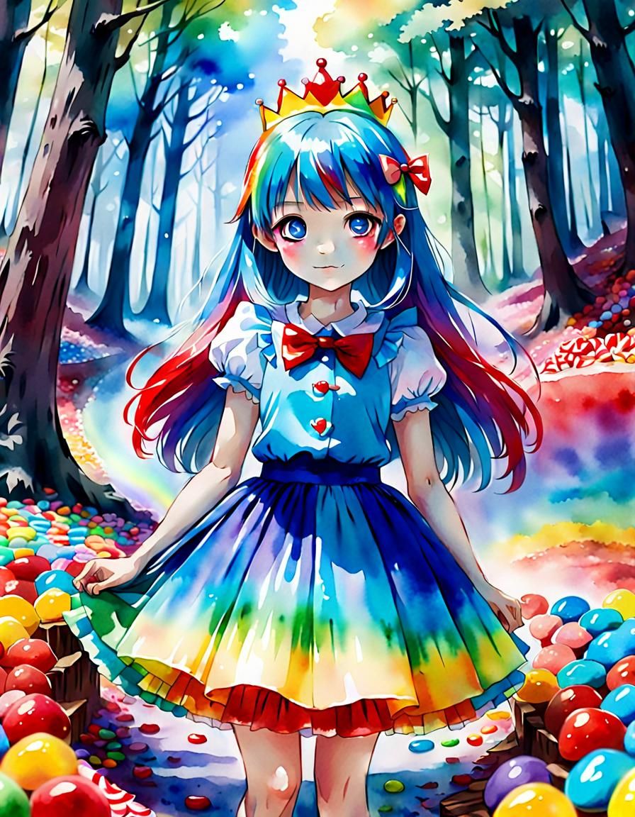 Anime Girl in Candy Forest Watercolor