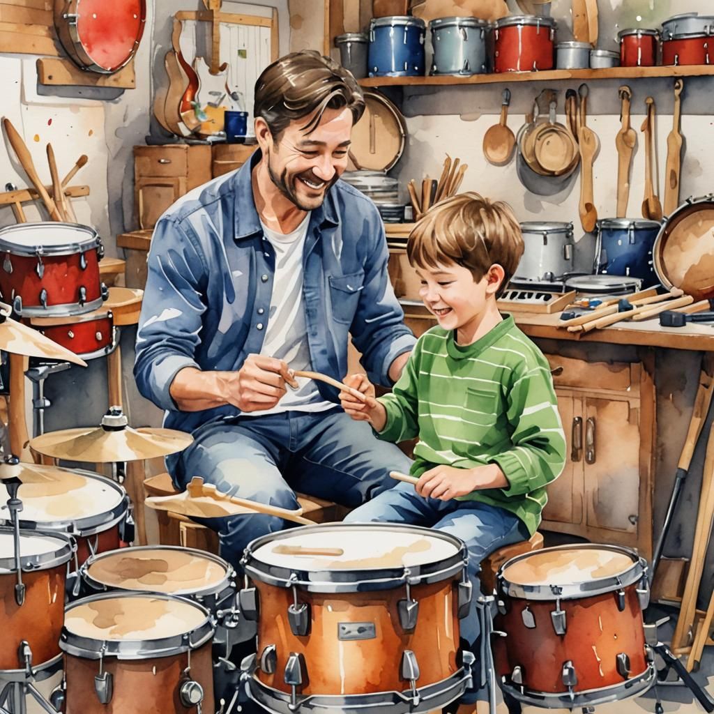 Father and Son Drum Lesson in Watercolor