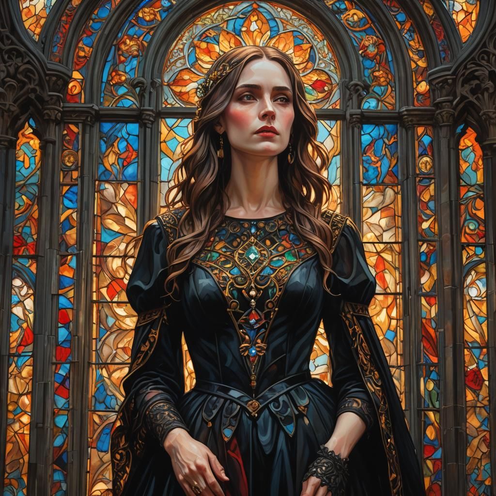 Woman in Black Dress Before Stained Glass, Gothic Oil Painti...