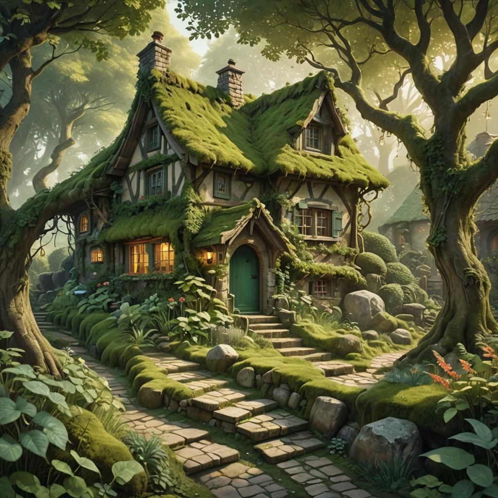 Mystical Cottage in Overgrown Forest: Fantasy Illustration