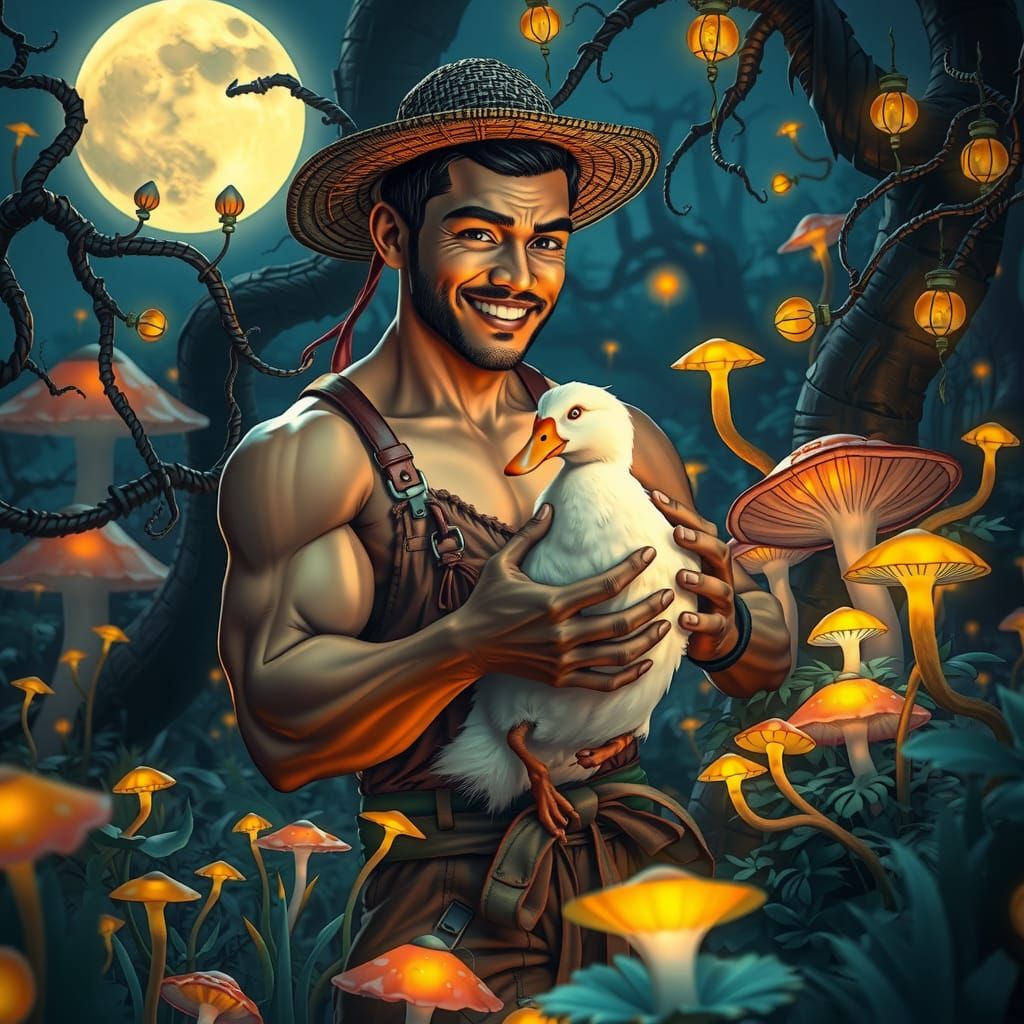 Farmer and Duck in Moonlit Garden, Digital Painting