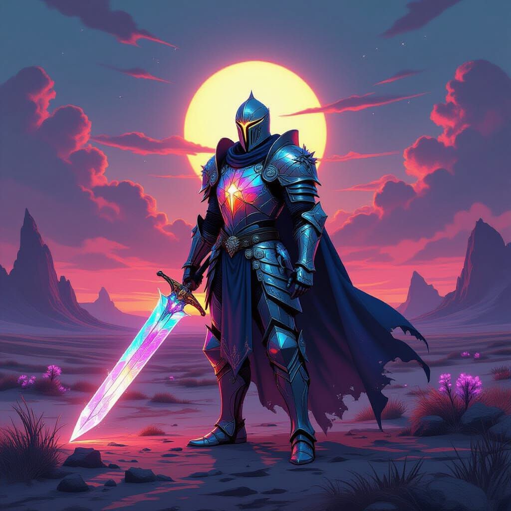 Knight in Crystalline Armor Under Alien Binary Sunset
