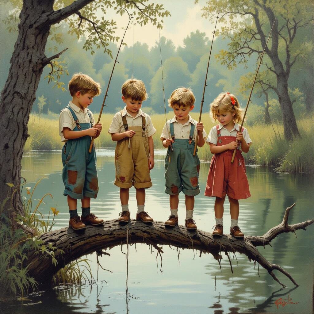 Children Fishing from Tree Limb in Folk Art Style