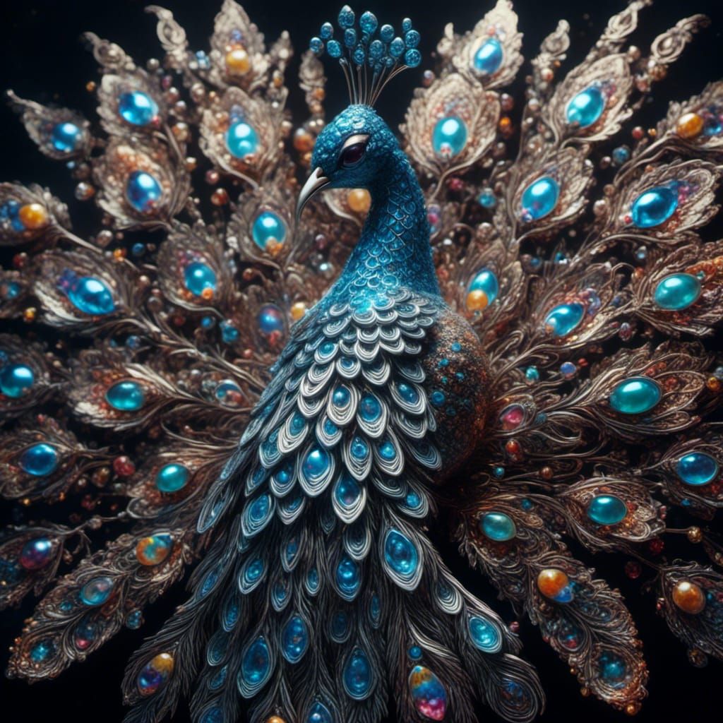 Jeweled Filigree Peacock with Blue Pearls