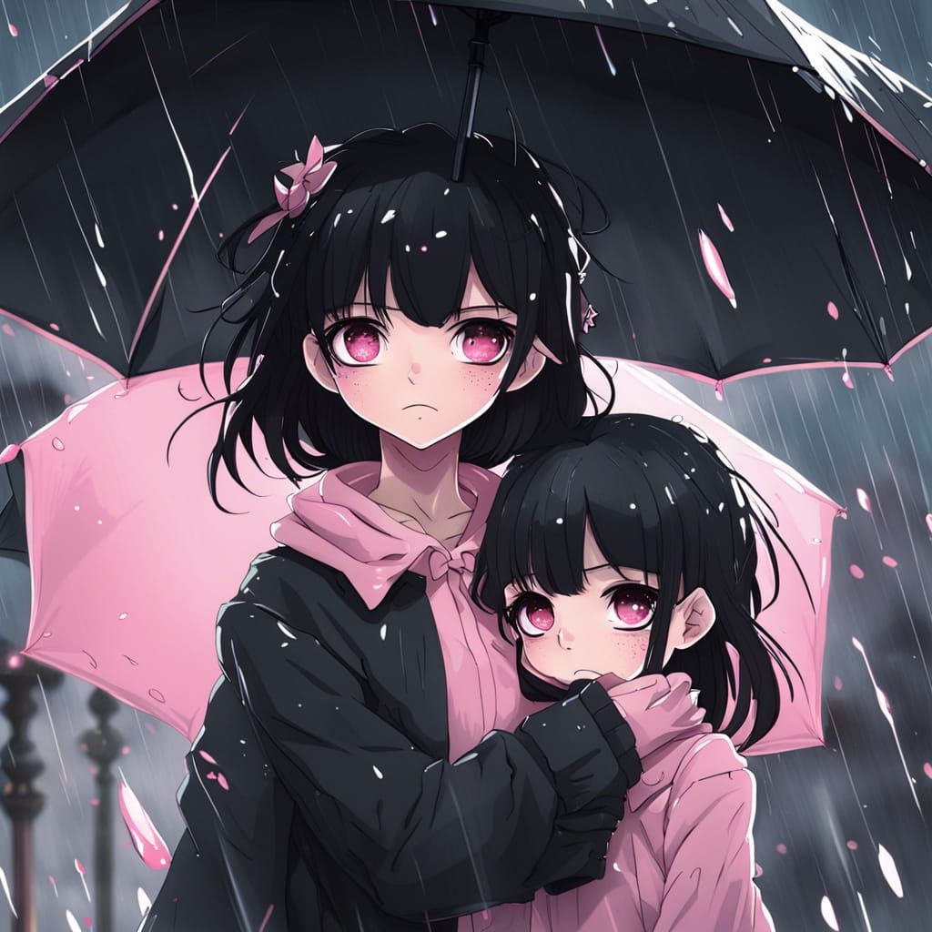 Anime Sisters in Rain: A Heartwarming Manga Scene