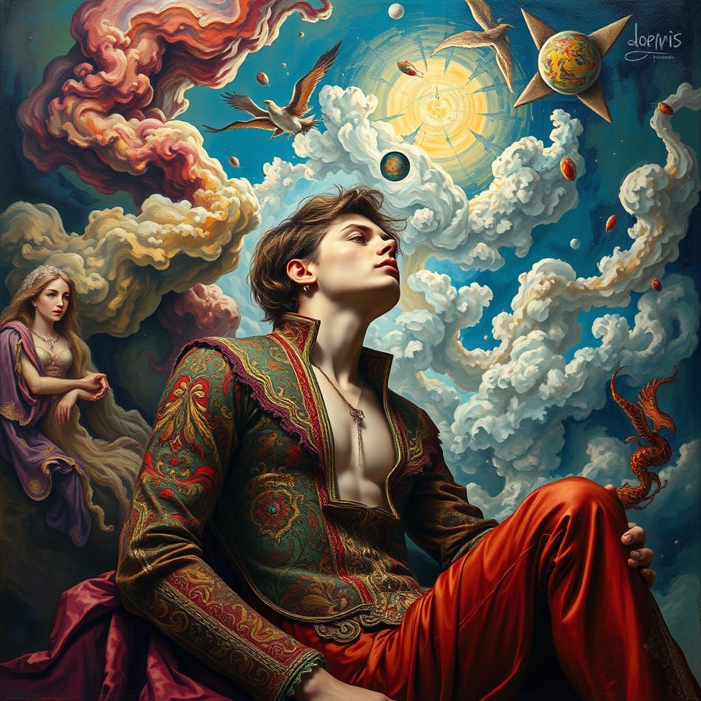 Contemplative Male in Ornate Clothing Amidst Ethereal Clouds