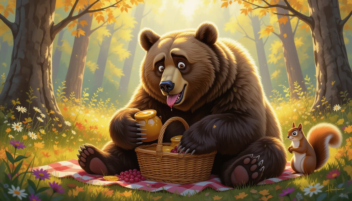 Furry Brown Bear Feasting in Sunlit Forest