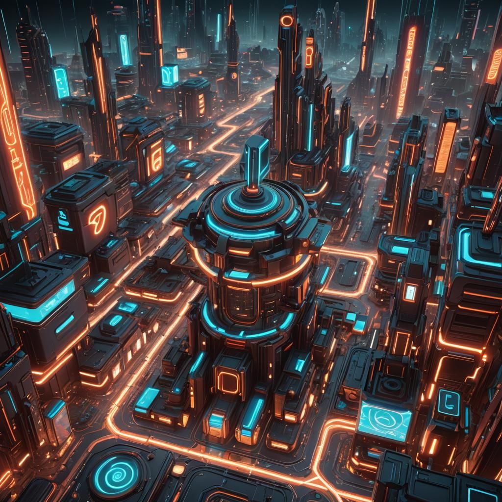 Tron-Inspired Circuit City: Detailed Matte Painting