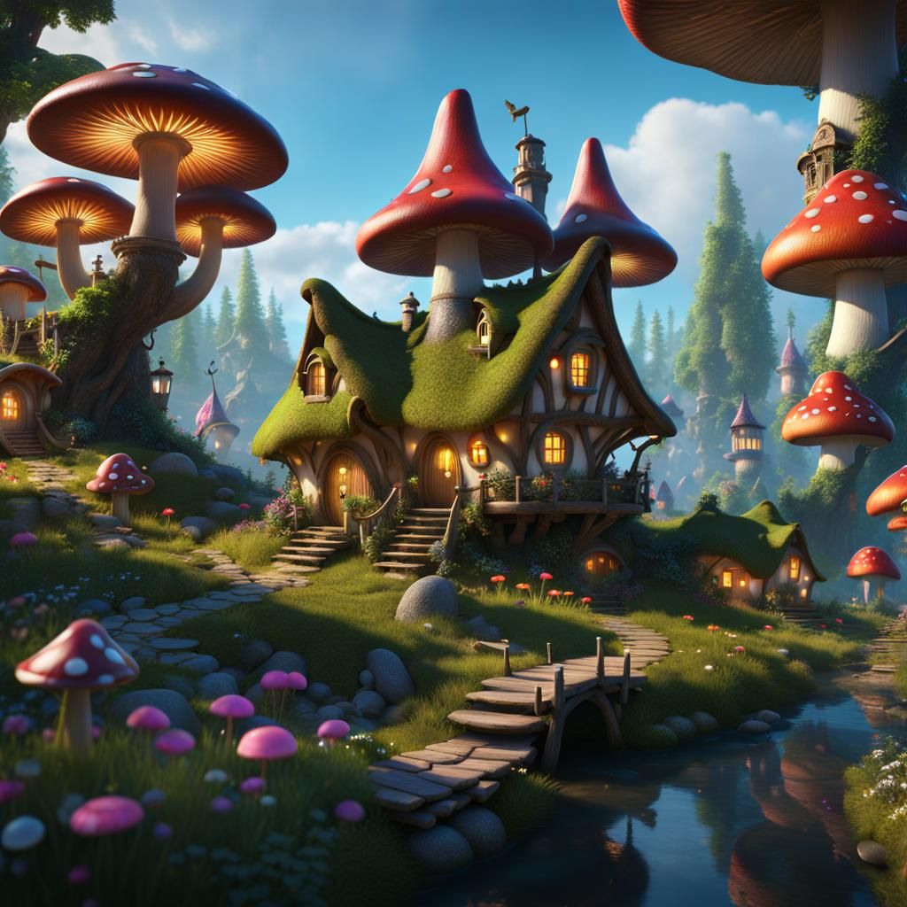 Magical Fairy Village with Mushroom Houses