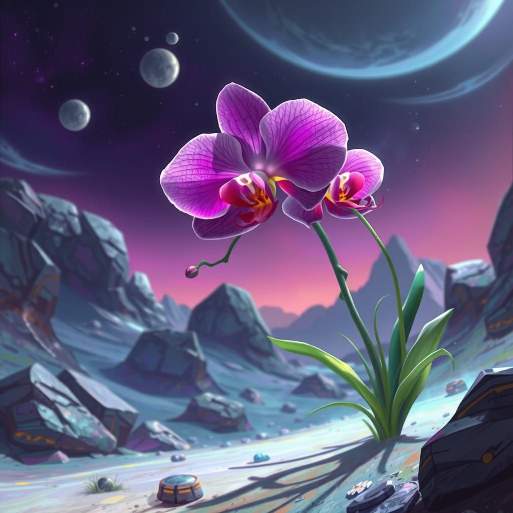 Orchid Walk on Alien Planet: Sci-Fi Digital Art