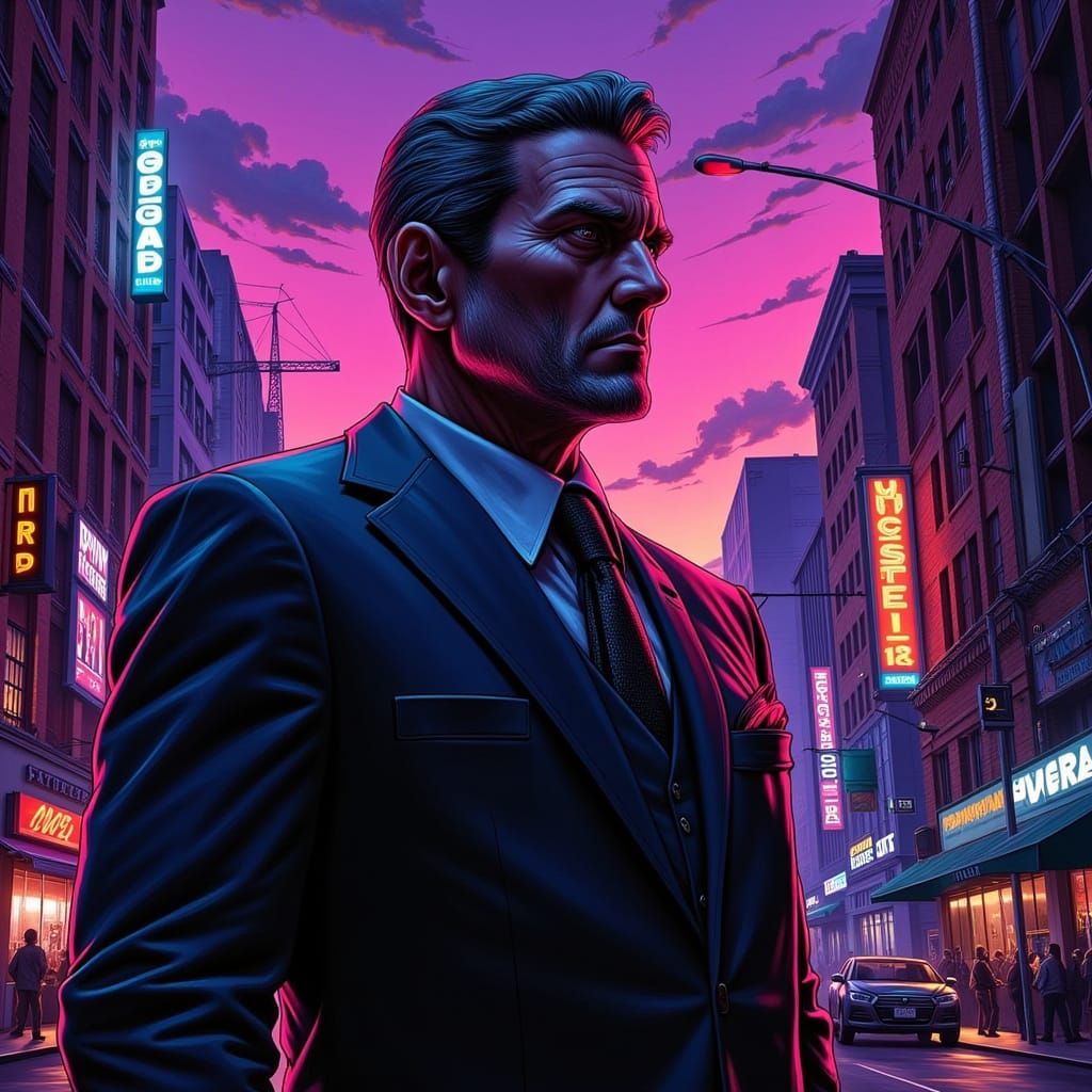 Defiant Figure Stands Against Opposing Force in Neon-Lit Cit...