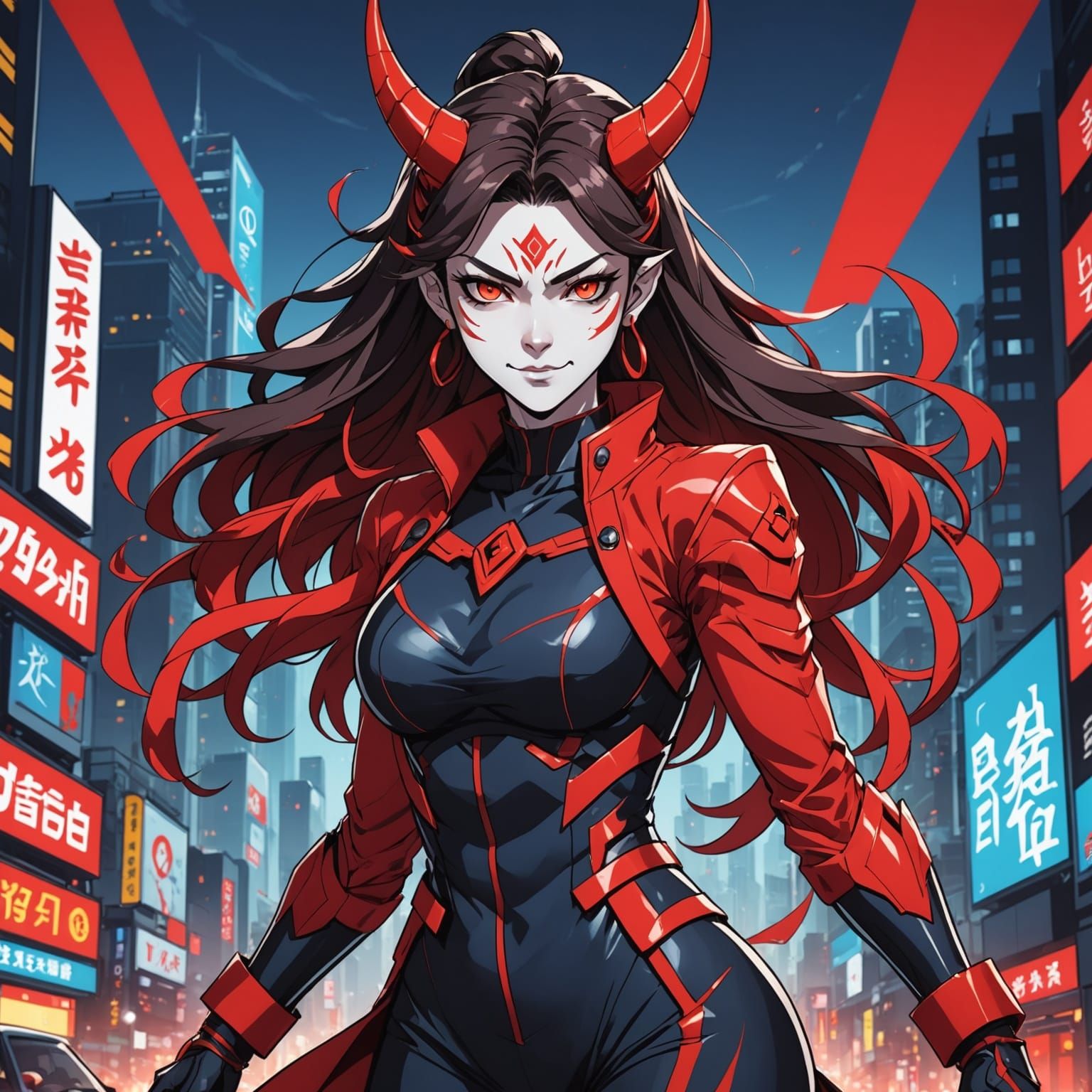Korean Webtoon Style Female Oni with Red Aura in City
