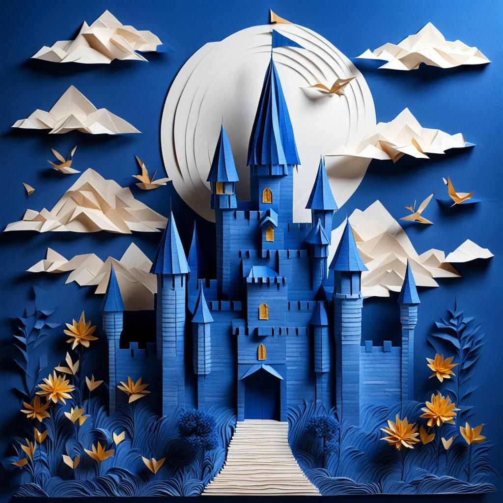 Elaborate Blue Paper Castle: 3D Origami Artwork