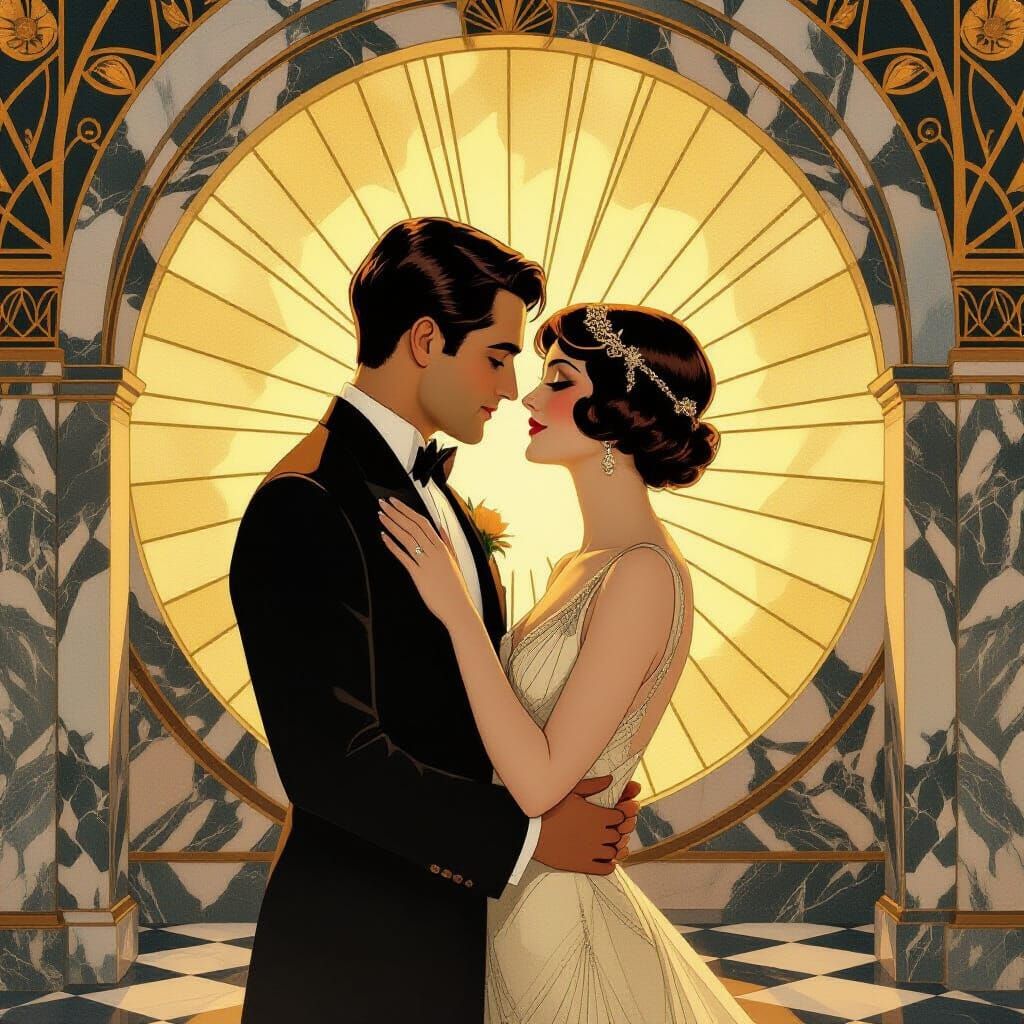 Art Deco Lovers with Golden Hearts in Marble Architecture