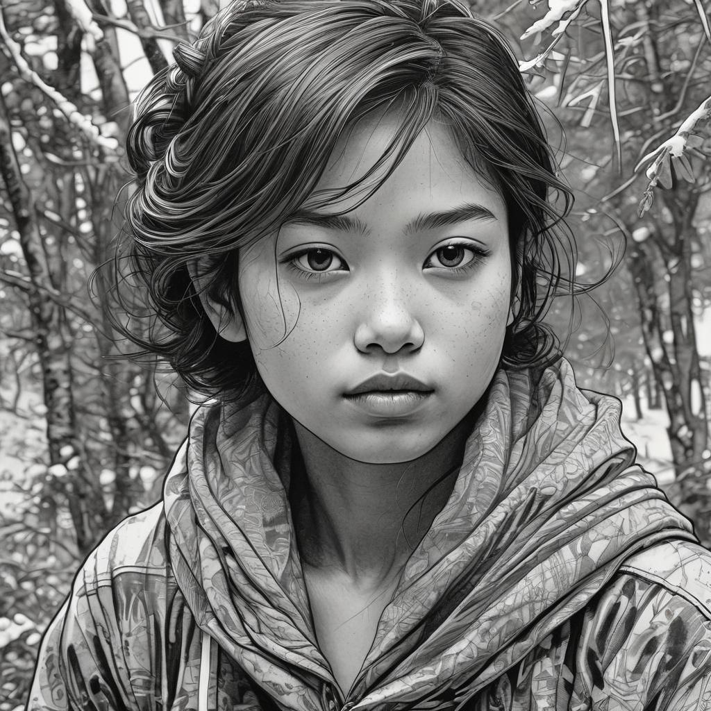 Line art sketch portrait, hatching shading, heavy lines, ink...