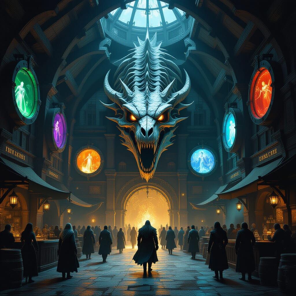 Skeleton Dragon Dominates Tavern Amidst Portal Travelers