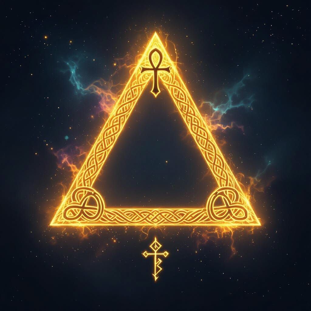 Golden Triangle with Sacred Symbols on Cosmic Background