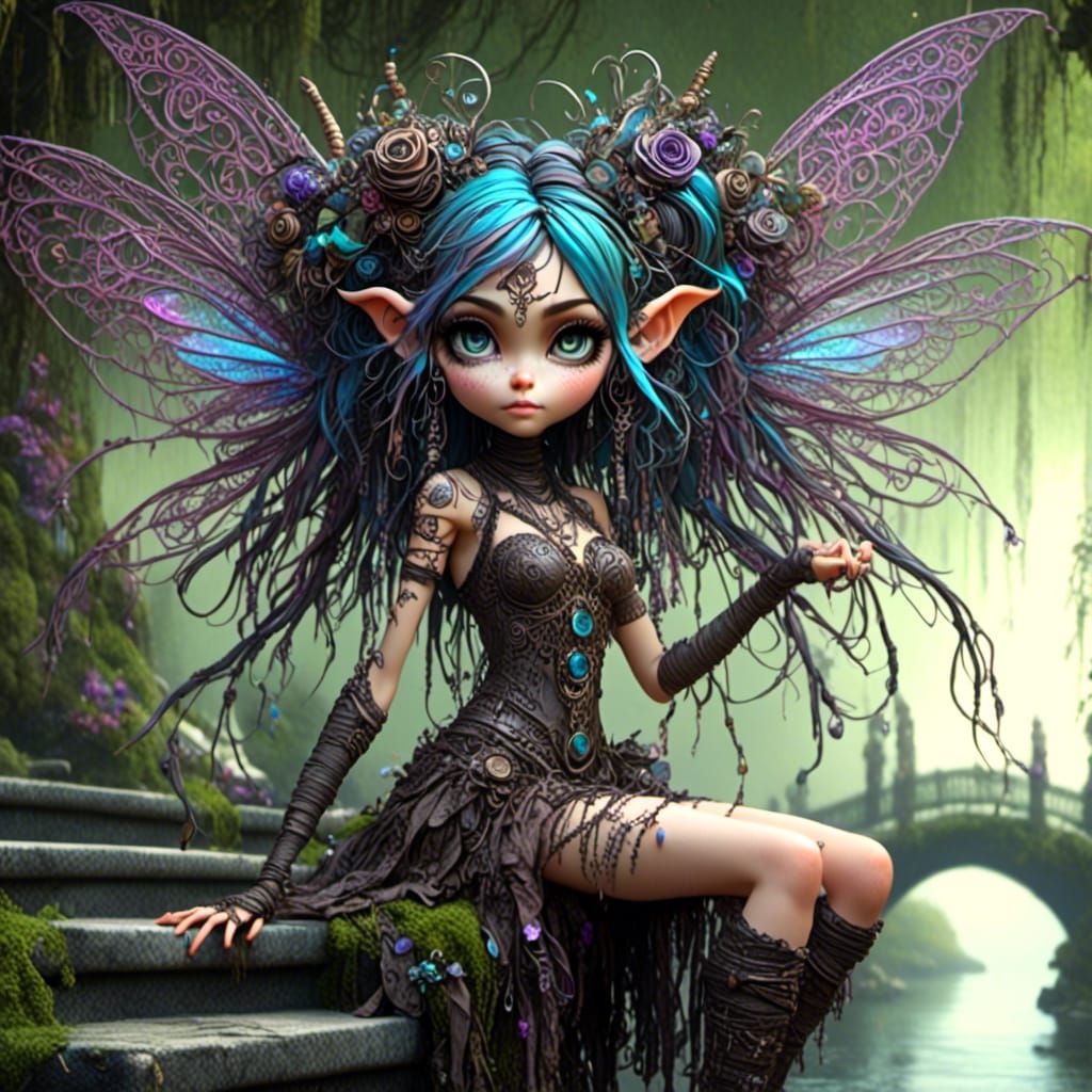 Steampunk Fairy Woman on Stone Bridge