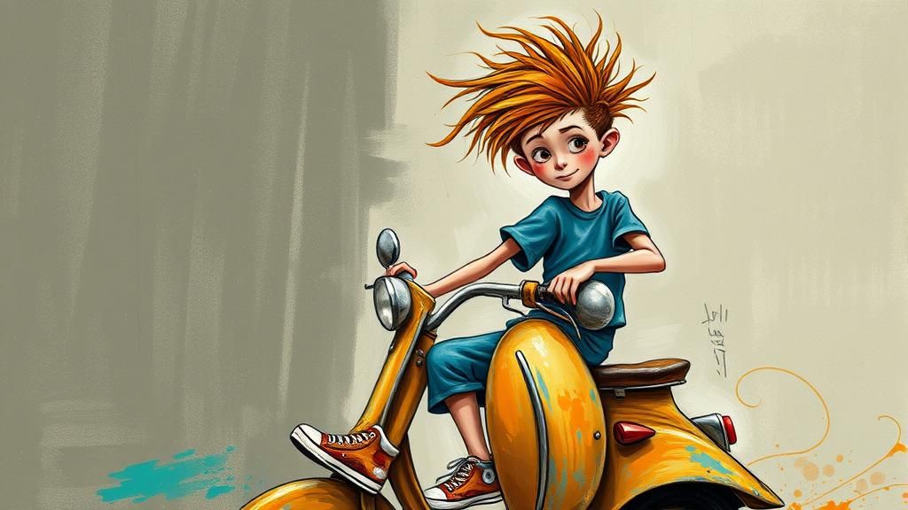 Mischievous Boy on Scooter, Quentin Blake Inspired