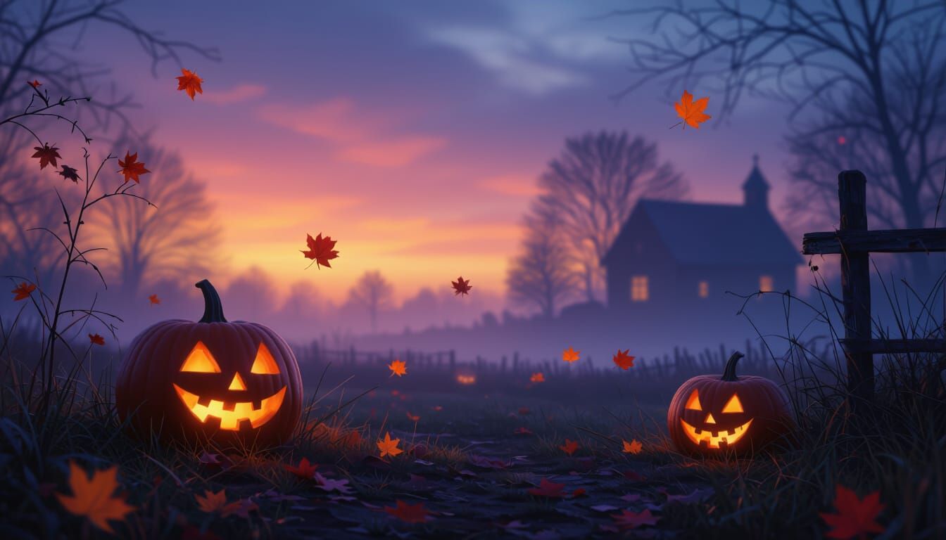 Spooky Farm Background with Pumpkins at Dusk