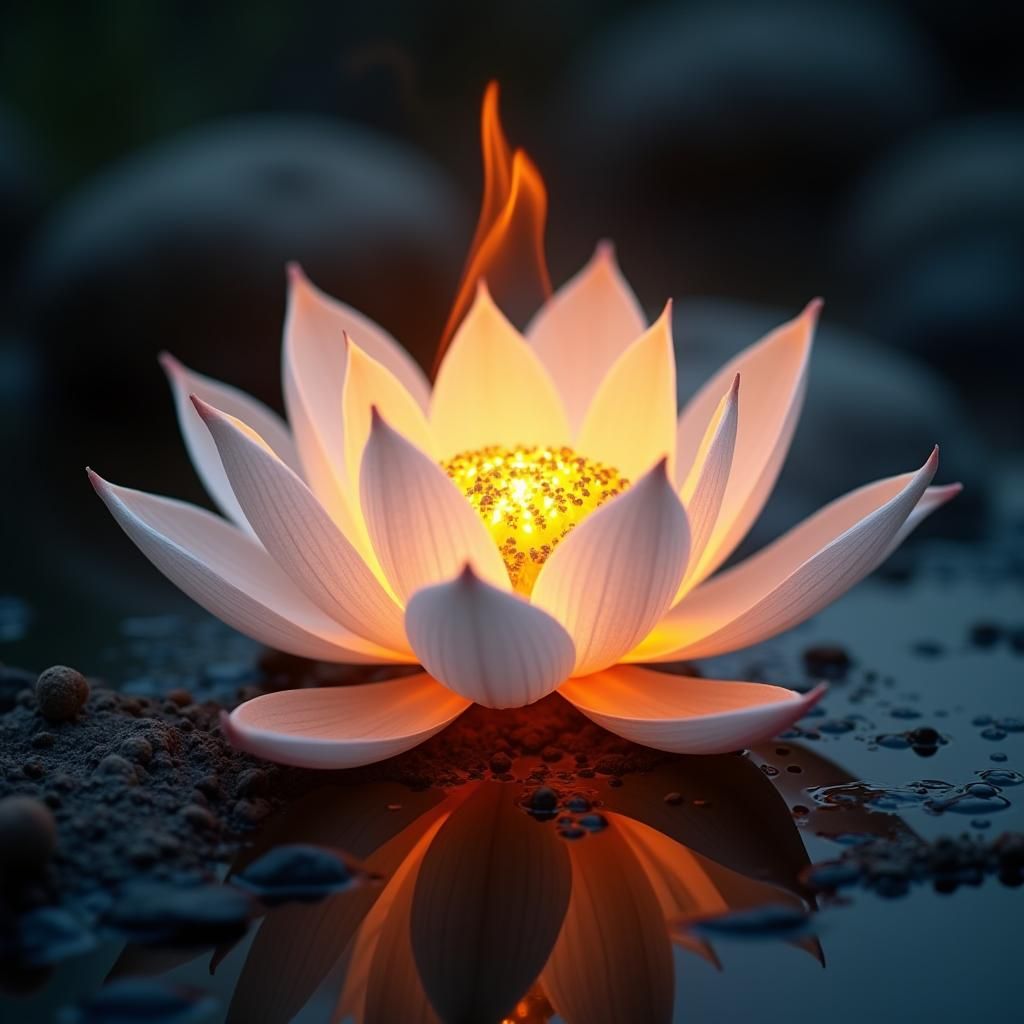 Burning White Lotus Flower with Luminous Glow