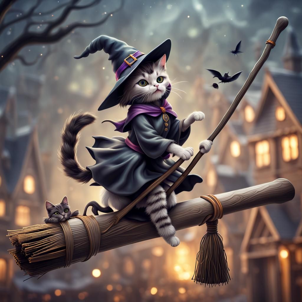 Cat Witch on Broomstick: Hyperrealistic 64MP Image