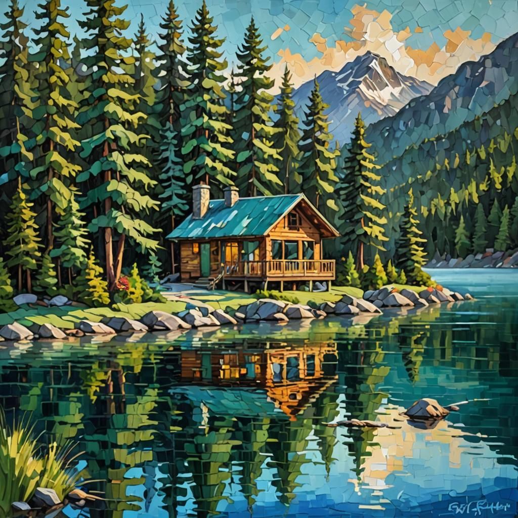 Serene Lake House in Mountain Landscape, Impasto Painting