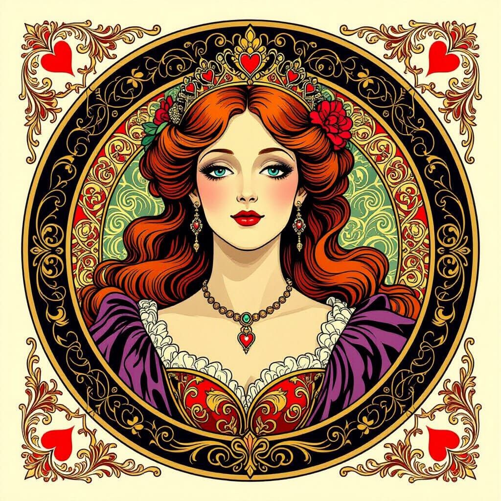 Art Nouveau Queen of Hearts Playing Card