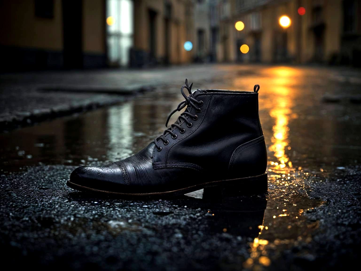 Lone Leather Shoe in Rainy Puddle