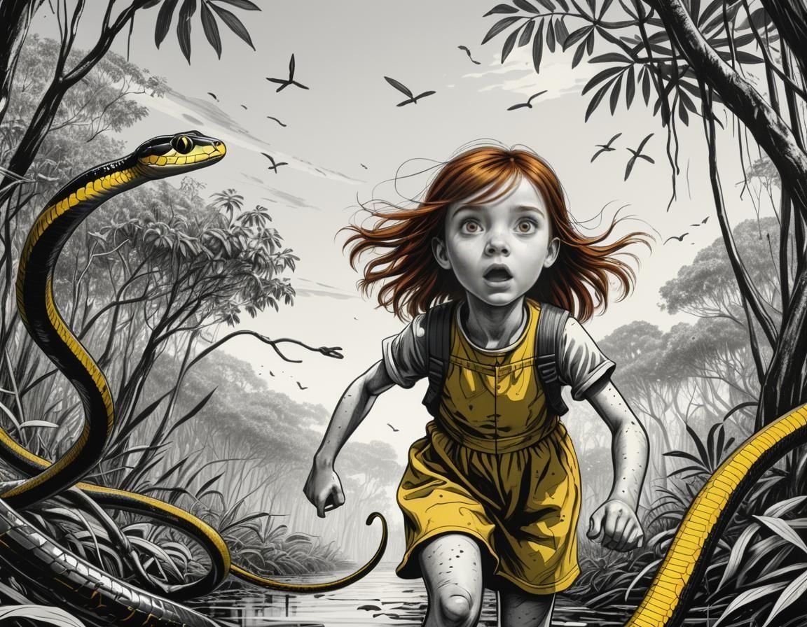 Frightened Girl Chased by Snake: Engraving Style