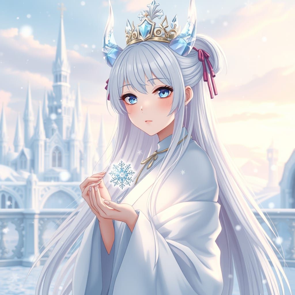 Ethereal Ice Princess with Delicate Horns and Snowy Sarong