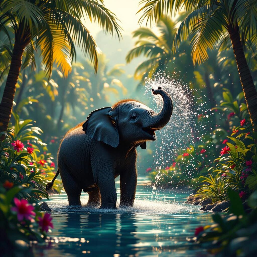Baby Elephant Oasis: A Matte Painting in 8K