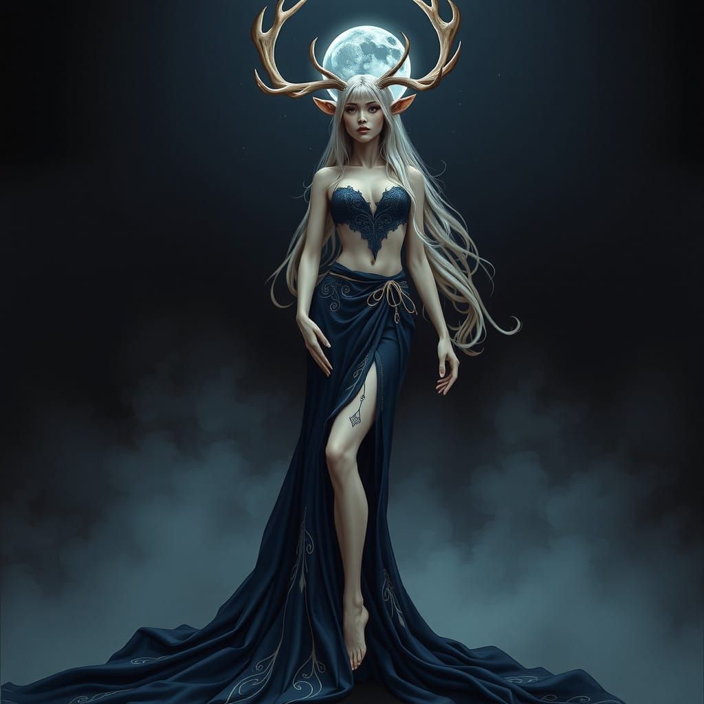 Ethereal Forest Nymph with Antlers in Dark, Flowing Attire