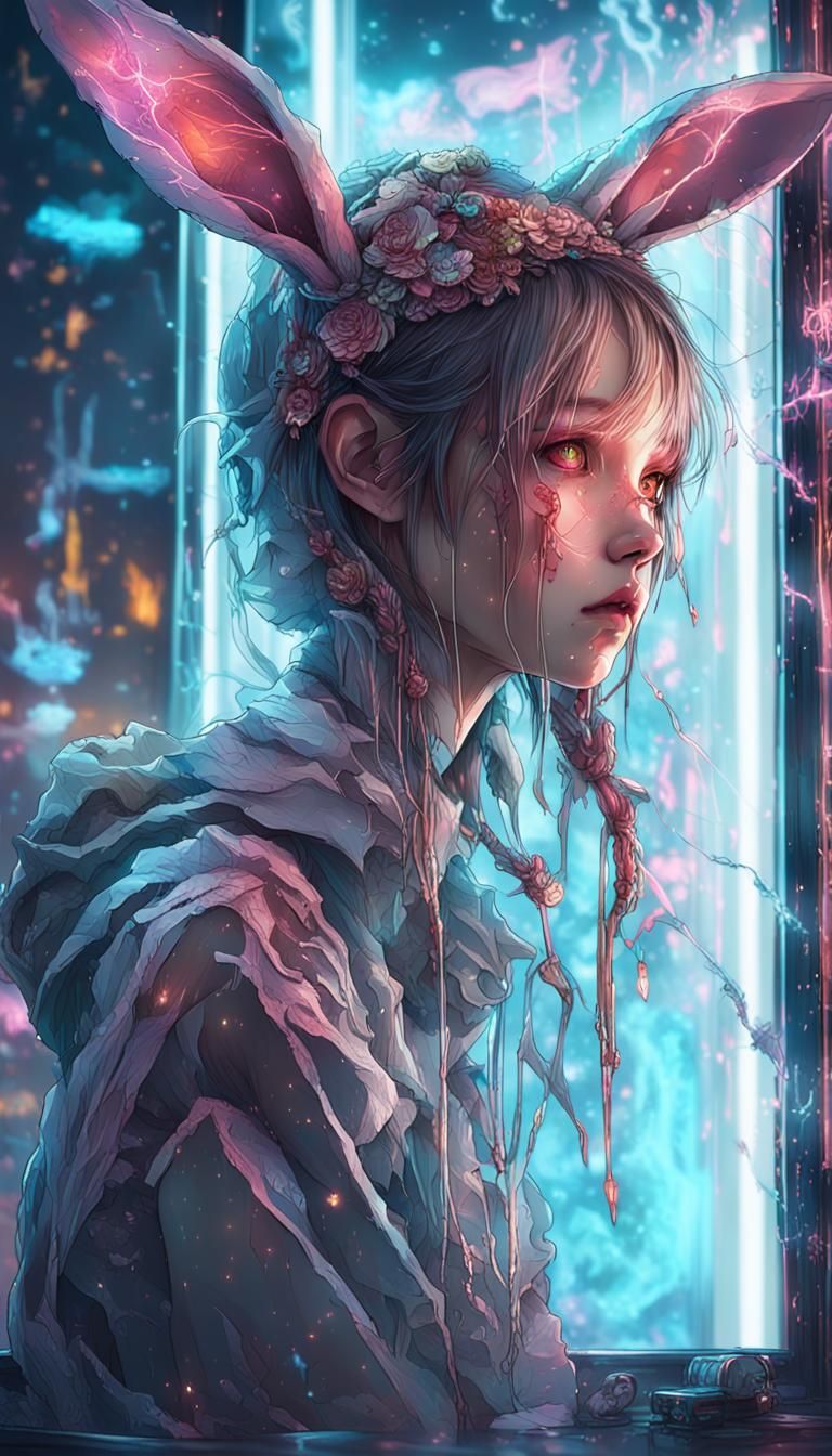 Cyber Rabbit Girl Mirror Reflection in Dreamlike Fantasy Art