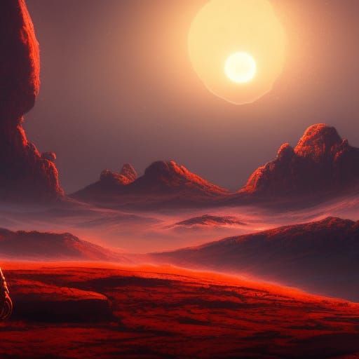 Red Moon Rising on Alien Planet in Detailed Matte Painting
