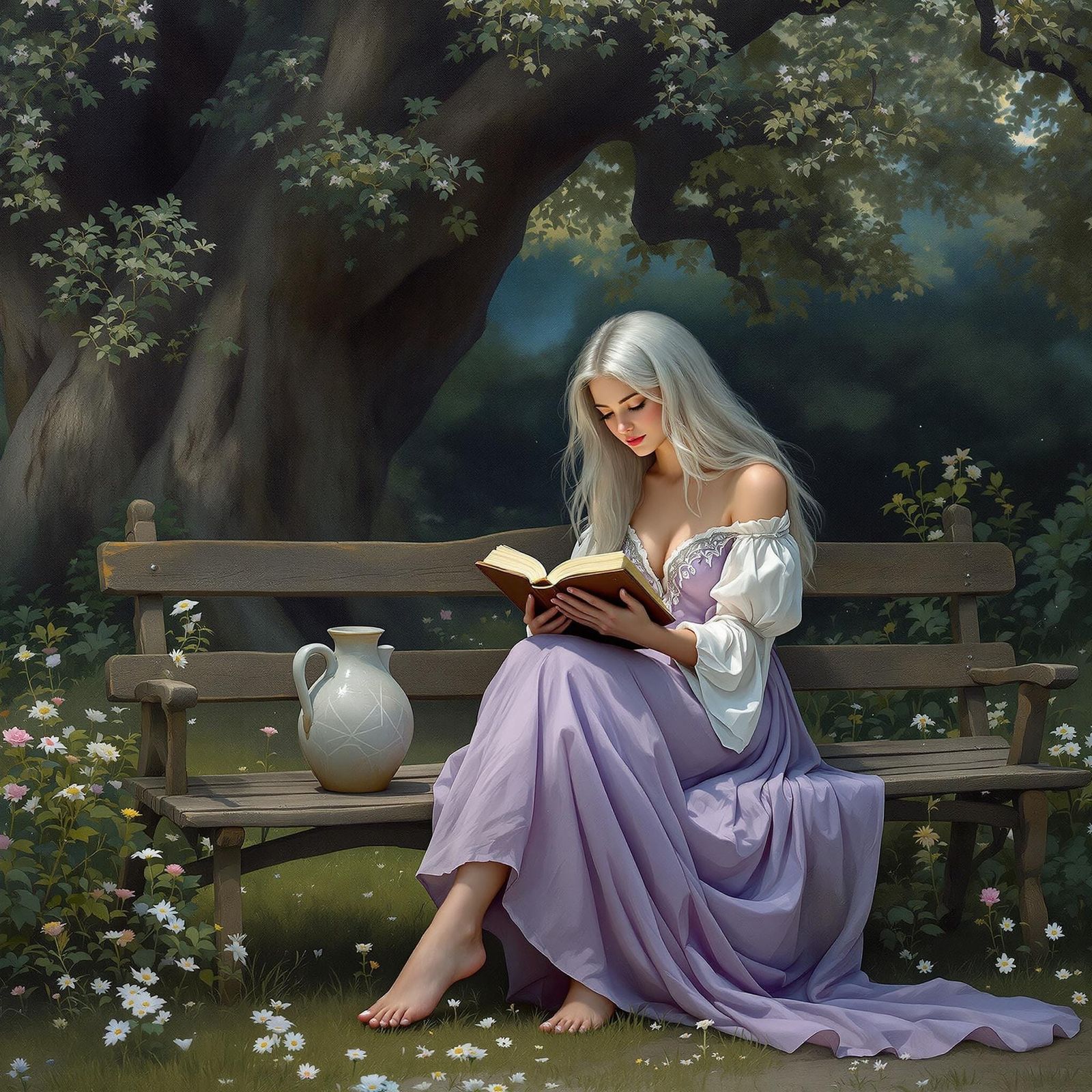 Silver Haired Woman Reading in Moonlit Garden, Pre-Raphaelit...